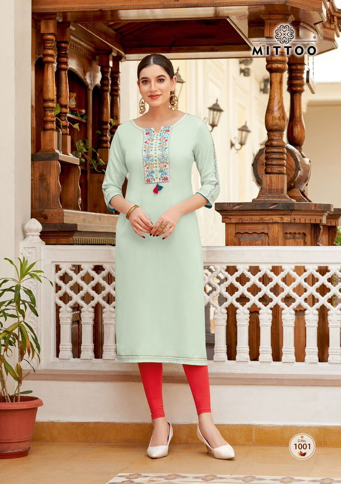 Riona By Mittoo Rayon Designer Kurtis Wholesale Price In Surat
